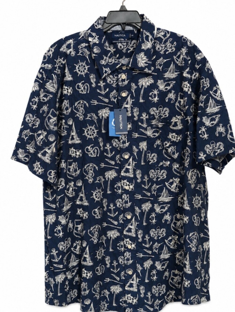Nautica Mens Size 3XLTNavy & White Nautical Print Short-Sleeve Button-Down Shirt